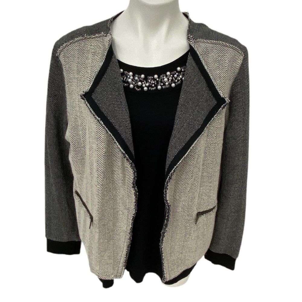 Caslon Blazer Womens XL Top Work Office Corpcore Beaded Gray Black Jacket Bling